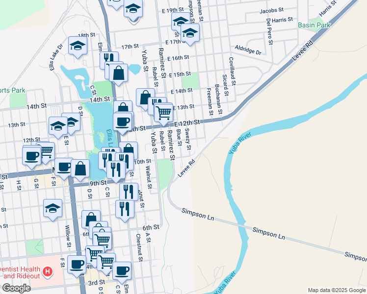 map of restaurants, bars, coffee shops, grocery stores, and more near 125 East 10th Street in Marysville