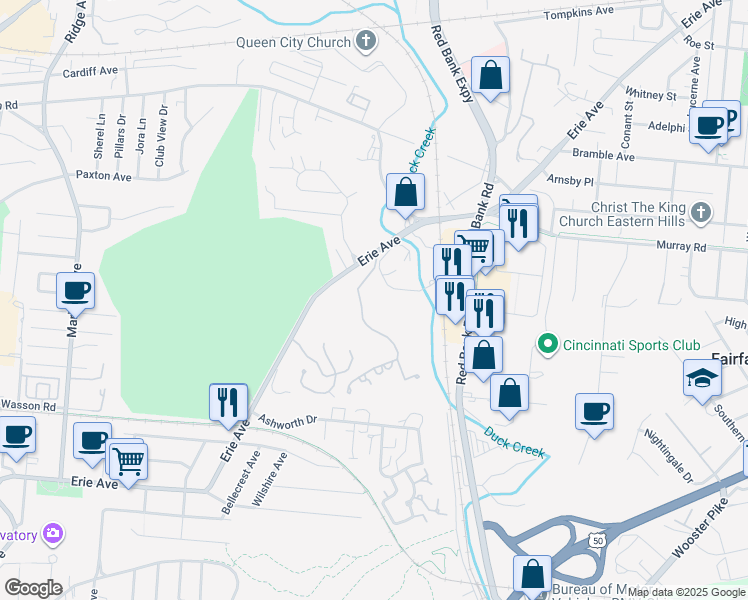 map of restaurants, bars, coffee shops, grocery stores, and more near 1 Forest Hills Drive in Cincinnati