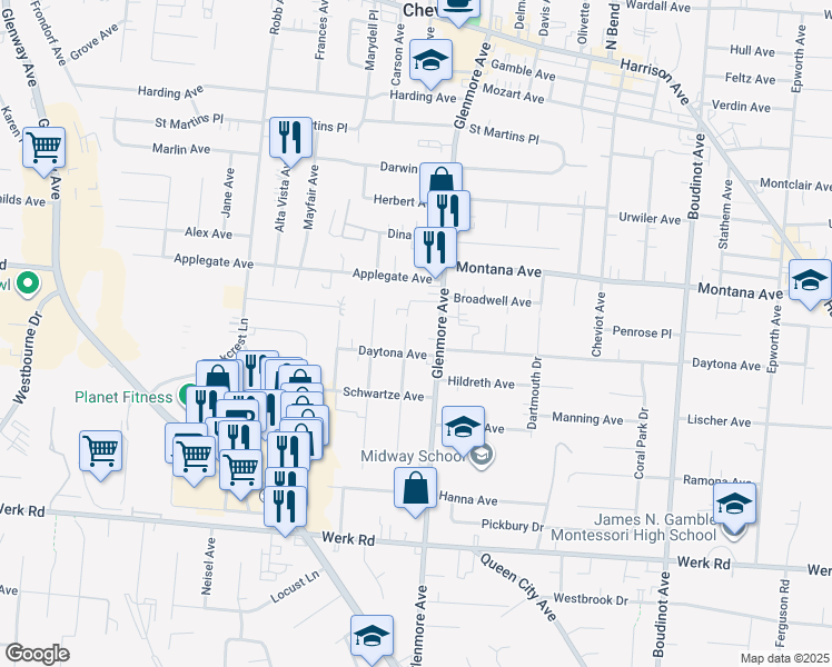 map of restaurants, bars, coffee shops, grocery stores, and more near 3309 Glenmore Avenue in Cincinnati
