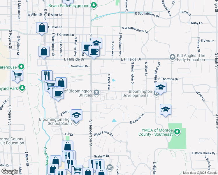 map of restaurants, bars, coffee shops, grocery stores, and more near 717 East Miller Drive in Bloomington