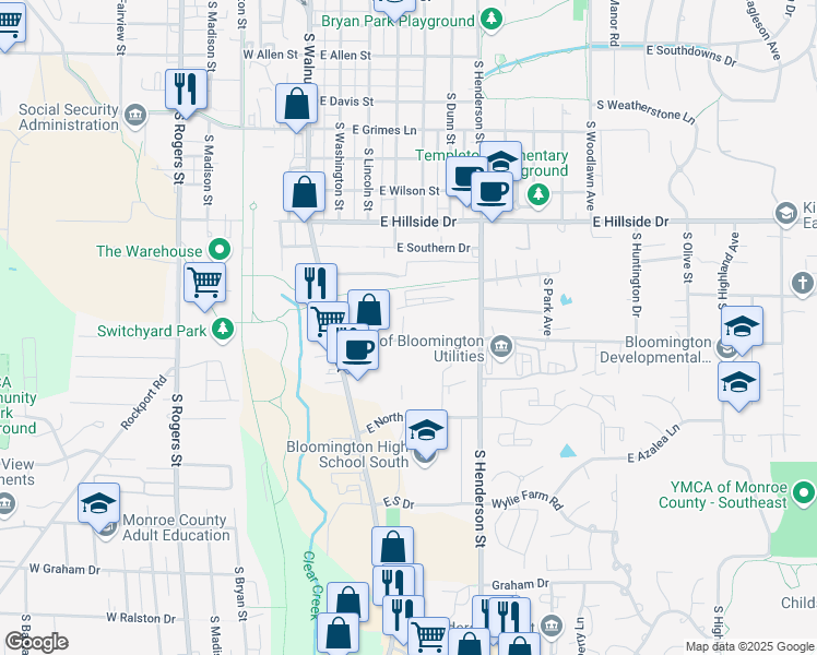 map of restaurants, bars, coffee shops, grocery stores, and more near 200 East Miller Drive in Bloomington