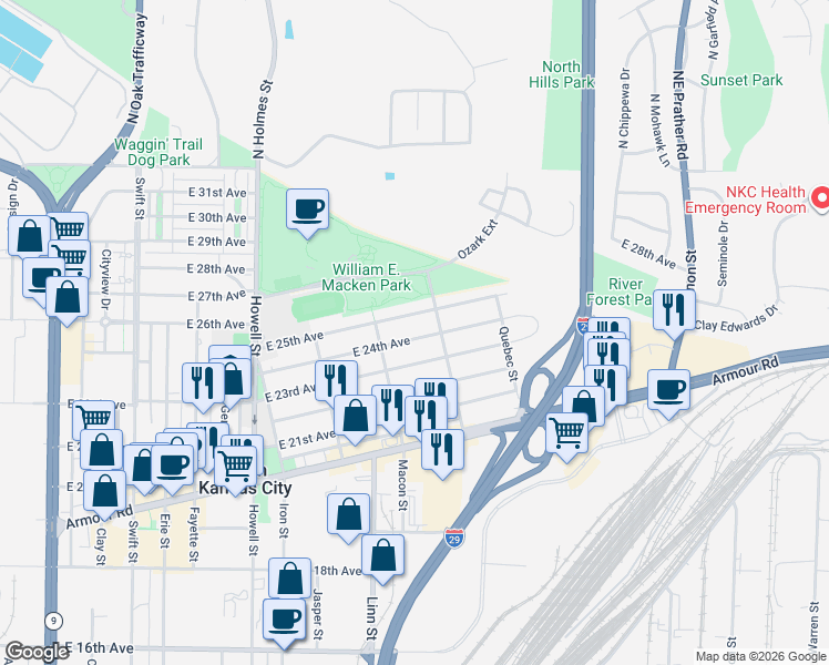 map of restaurants, bars, coffee shops, grocery stores, and more near 1229 East 24th Avenue in North Kansas City