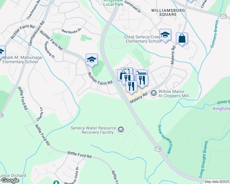 map of restaurants, bars, coffee shops, grocery stores, and more near 13300 Kilmarnock Way in Germantown