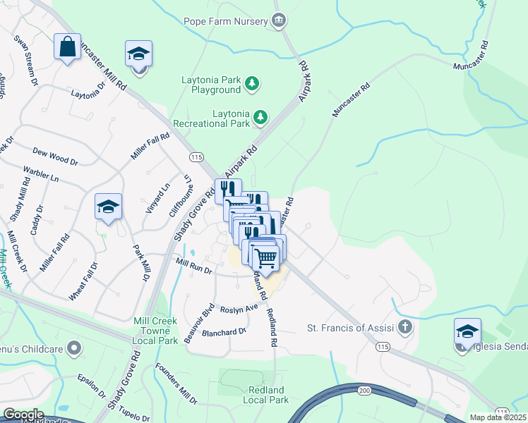 map of restaurants, bars, coffee shops, grocery stores, and more near 7209 Phelps Hill Court in Derwood