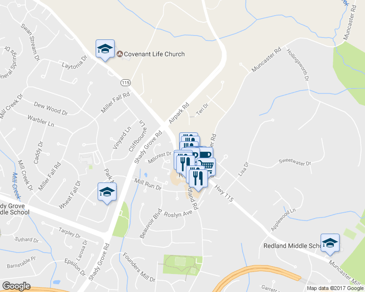 map of restaurants, bars, coffee shops, grocery stores, and more near 17610 Phelps Hill Lane in Derwood