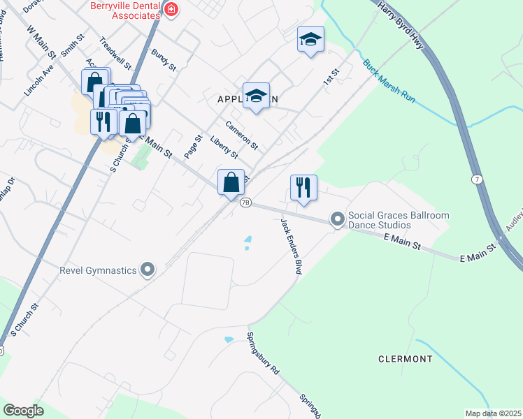 map of restaurants, bars, coffee shops, grocery stores, and more near 509 East Main Street in Berryville