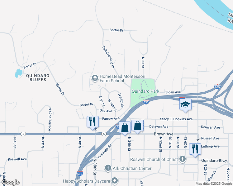 map of restaurants, bars, coffee shops, grocery stores, and more near 3323 North 36th Street in Kansas City