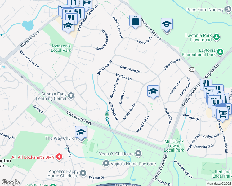 map of restaurants, bars, coffee shops, grocery stores, and more near 17713 Shady Mill Road in Rockville