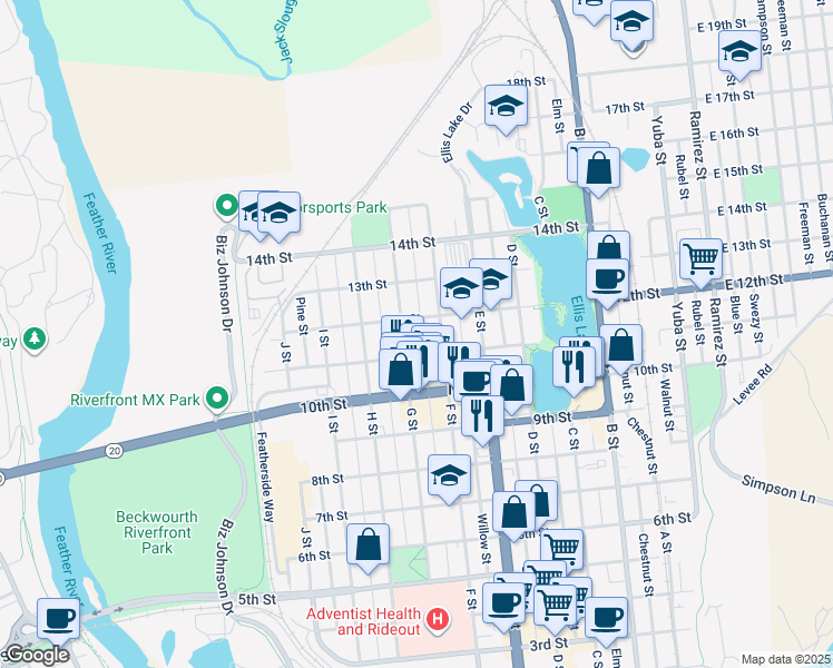 map of restaurants, bars, coffee shops, grocery stores, and more near 1119 G Street in Marysville