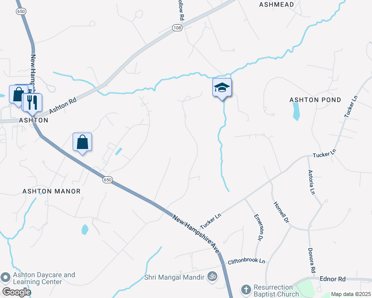 map of restaurants, bars, coffee shops, grocery stores, and more near 17520 Sir Galahad Way in Ashton-Sandy Spring