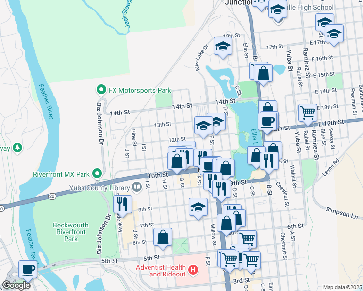 map of restaurants, bars, coffee shops, grocery stores, and more near 1119 G Street in Marysville