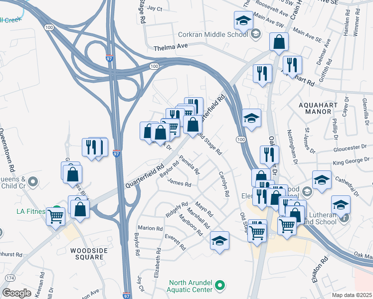 map of restaurants, bars, coffee shops, grocery stores, and more near 7711 Quarterfield Road in Glen Burnie