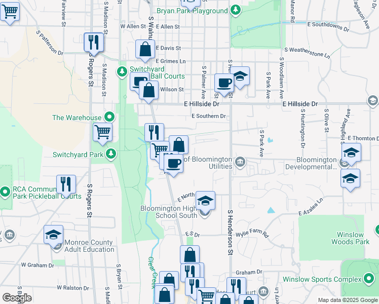 map of restaurants, bars, coffee shops, grocery stores, and more near 200 East Miller Drive in Bloomington