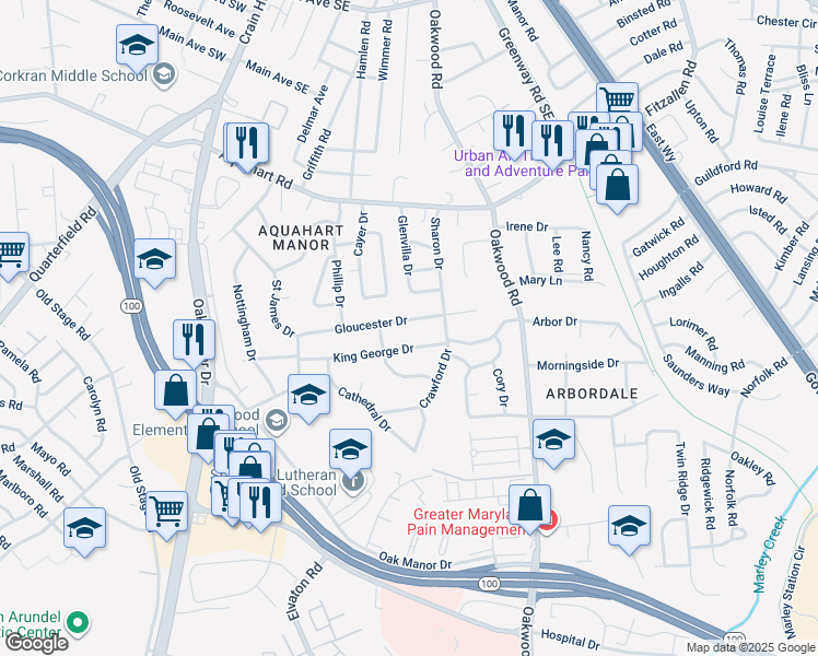 map of restaurants, bars, coffee shops, grocery stores, and more near 307 Gloucester Drive in Glen Burnie