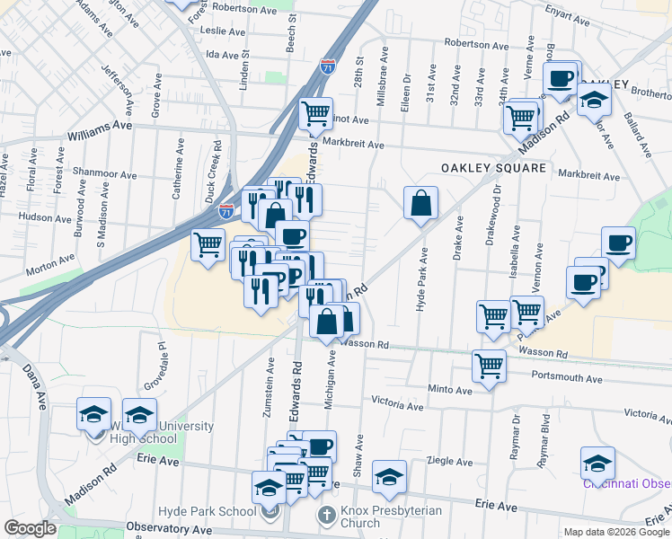 map of restaurants, bars, coffee shops, grocery stores, and more near 2737 Arbor Avenue in Cincinnati