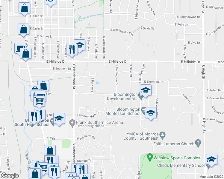 map of restaurants, bars, coffee shops, grocery stores, and more near 959 East Miller Drive in Bloomington