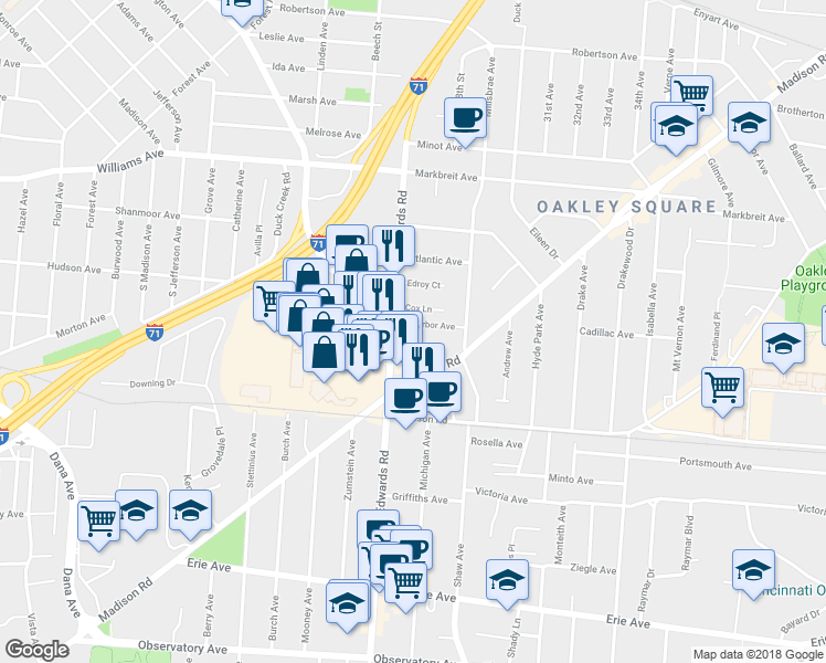 map of restaurants, bars, coffee shops, grocery stores, and more near 3752 Edwards Road in Cincinnati