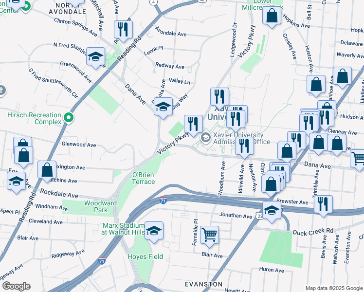 map of restaurants, bars, coffee shops, grocery stores, and more near 1405 Dana Avenue in Cincinnati