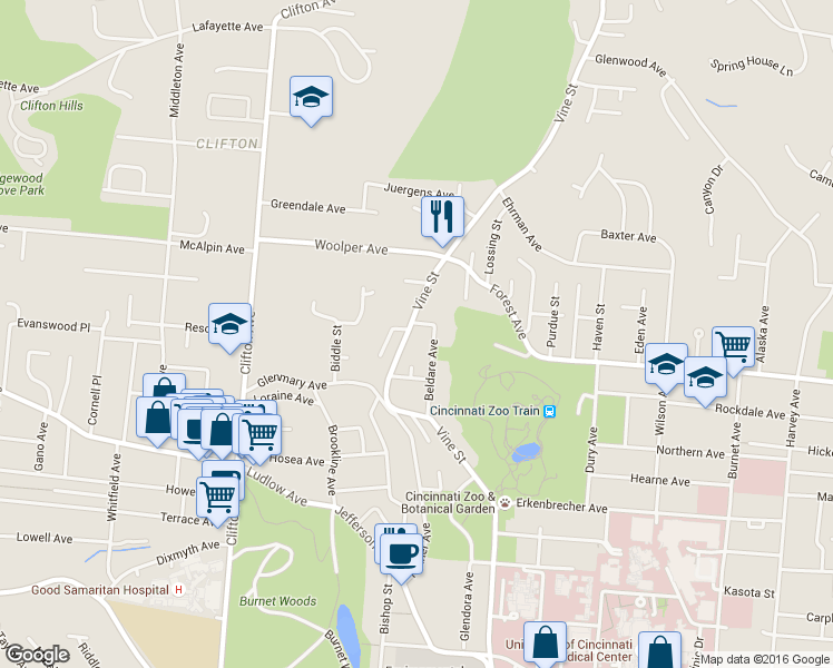 map of restaurants, bars, coffee shops, grocery stores, and more near 3555 Vine Street in Cincinnati