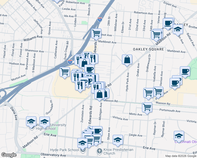 map of restaurants, bars, coffee shops, grocery stores, and more near 2750 Willard Avenue in Cincinnati