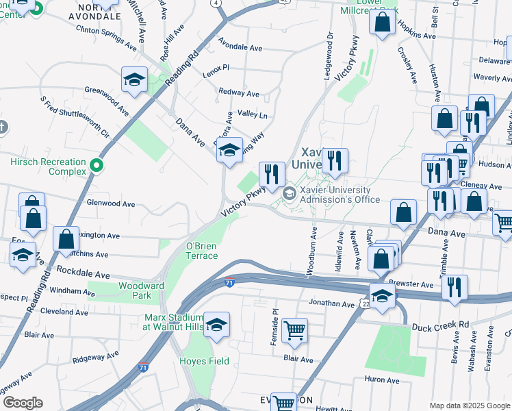 map of restaurants, bars, coffee shops, grocery stores, and more near 1405 Dana Avenue in Cincinnati