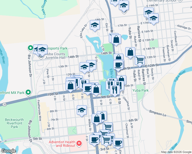 map of restaurants, bars, coffee shops, grocery stores, and more near 1112 D Street in Marysville