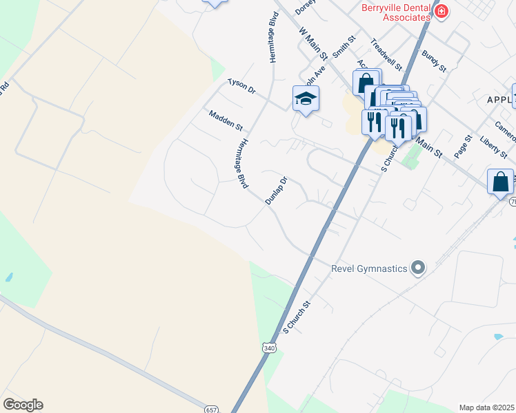 map of restaurants, bars, coffee shops, grocery stores, and more near 241 Burch Lane in Boyce