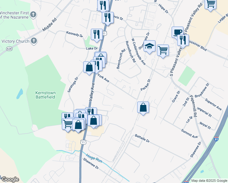 map of restaurants, bars, coffee shops, grocery stores, and more near 2942 Sorrell Court in Winchester