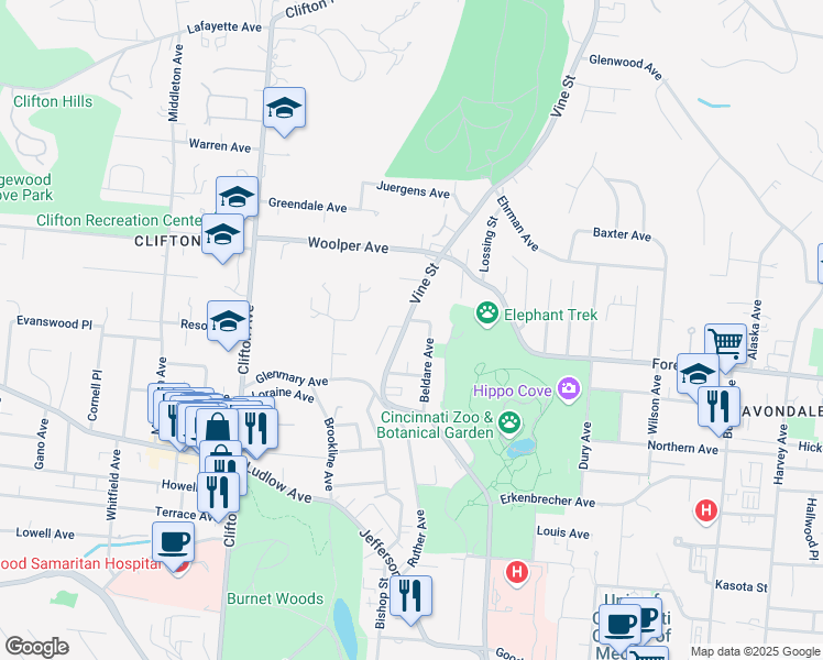 map of restaurants, bars, coffee shops, grocery stores, and more near 3555 Vine Street in Cincinnati
