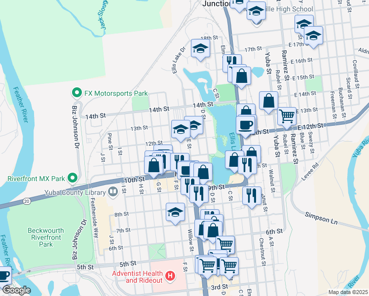 map of restaurants, bars, coffee shops, grocery stores, and more near 1104 E Street in Marysville