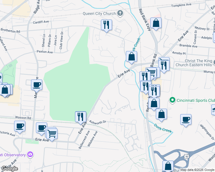 map of restaurants, bars, coffee shops, grocery stores, and more near 3815 Erie Avenue in Cincinnati