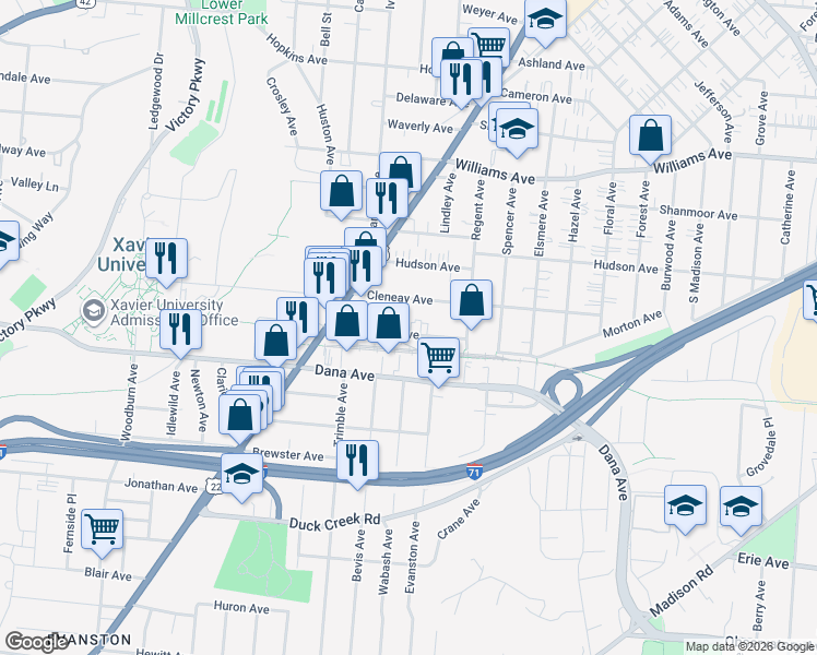 map of restaurants, bars, coffee shops, grocery stores, and more near 1968 Lexington Avenue in Cincinnati
