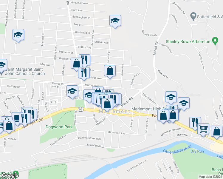 map of restaurants, bars, coffee shops, grocery stores, and more near 6908 Thorndike Road in Cincinnati