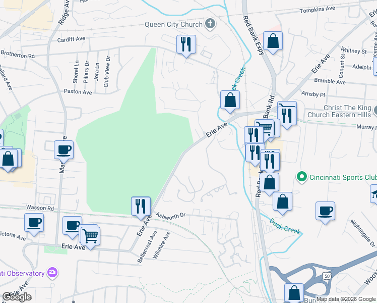 map of restaurants, bars, coffee shops, grocery stores, and more near 3815 Erie Avenue in Cincinnati