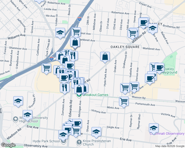 map of restaurants, bars, coffee shops, grocery stores, and more near in Cincinnati