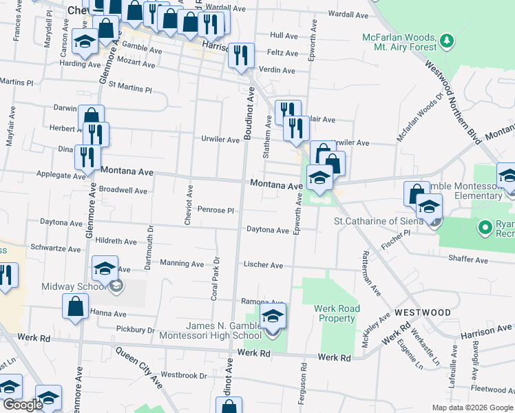 map of restaurants, bars, coffee shops, grocery stores, and more near 3065 Penrose Place in Cincinnati