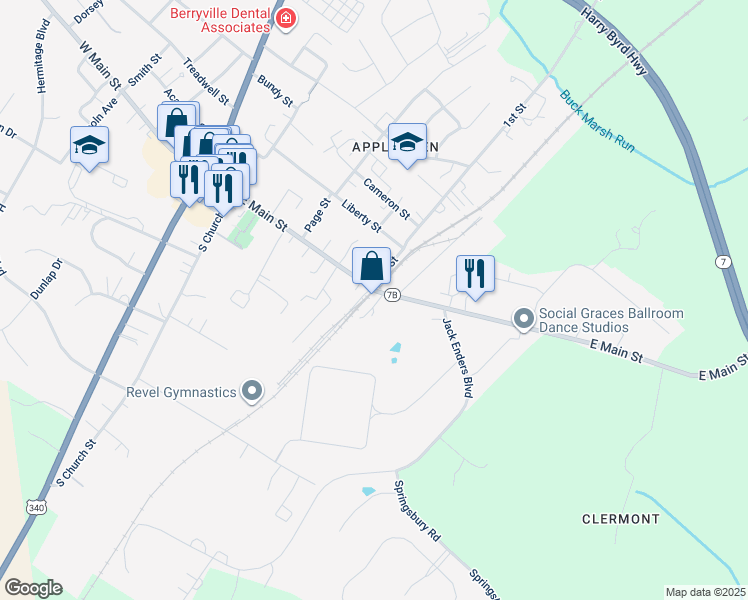 map of restaurants, bars, coffee shops, grocery stores, and more near 401 East Main Street in Berryville