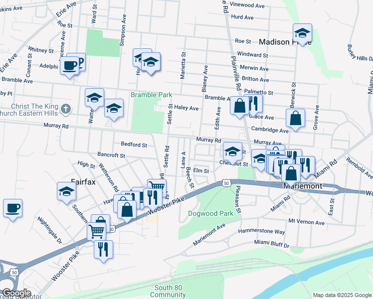 map of restaurants, bars, coffee shops, grocery stores, and more near 3923 Beech Street in Cincinnati