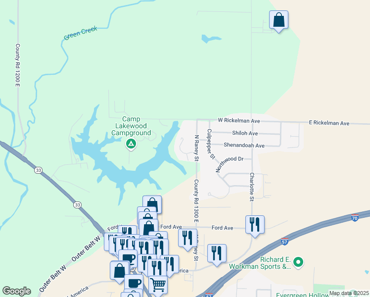 map of restaurants, bars, coffee shops, grocery stores, and more near 1202 Cliffview Drive in Effingham
