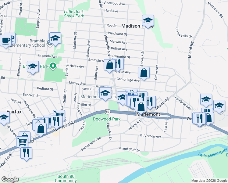 map of restaurants, bars, coffee shops, grocery stores, and more near 30 Lane H in Cincinnati