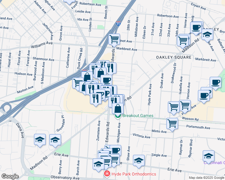 map of restaurants, bars, coffee shops, grocery stores, and more near 3752 Edwards Road in Cincinnati