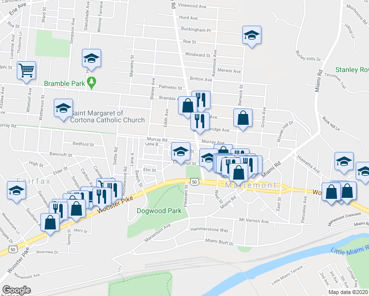 map of restaurants, bars, coffee shops, grocery stores, and more near 6752 Maple Street in Cincinnati