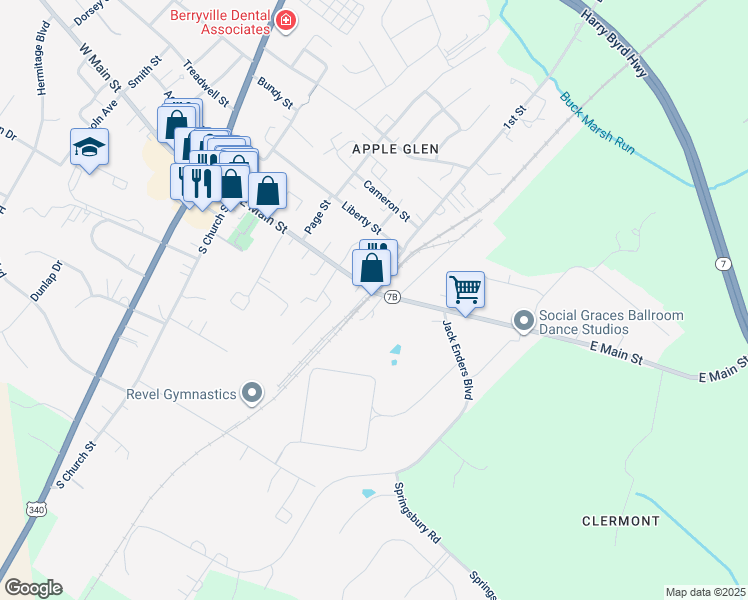 map of restaurants, bars, coffee shops, grocery stores, and more near 401 East Main Street in Berryville