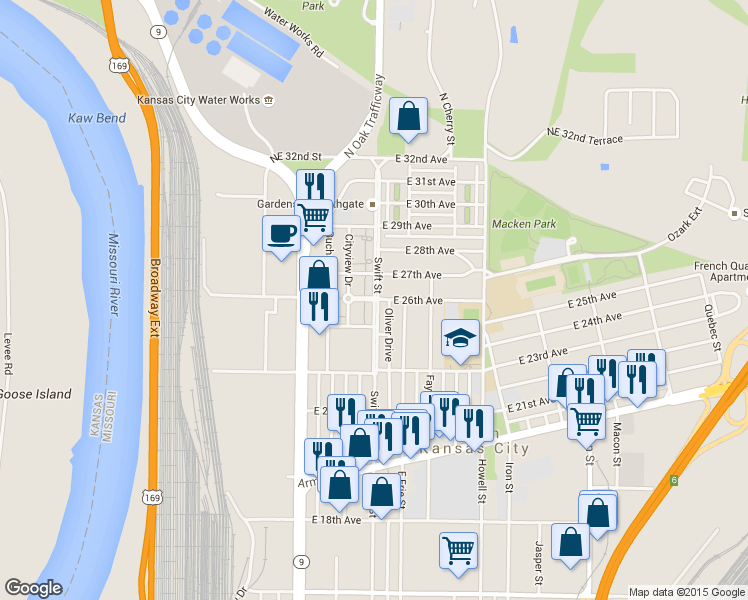map of restaurants, bars, coffee shops, grocery stores, and more near Swift Avenue & East 26th Avenue in North Kansas City