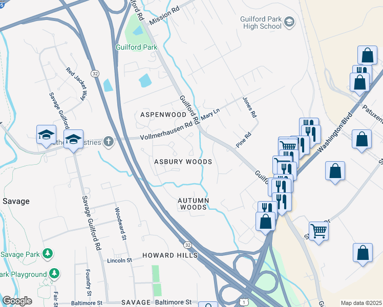 map of restaurants, bars, coffee shops, grocery stores, and more near 8822 Willowwood Way in Jessup