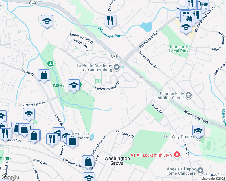 map of restaurants, bars, coffee shops, grocery stores, and more near 307 Saybrooke View Drive in Gaithersburg