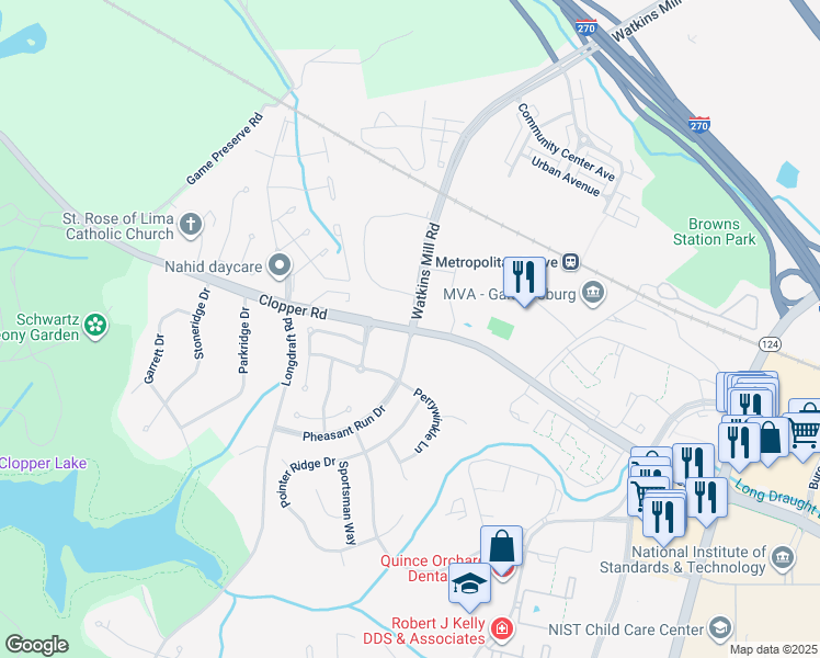 map of restaurants, bars, coffee shops, grocery stores, and more near 1 West Watkins Mill Road in Gaithersburg