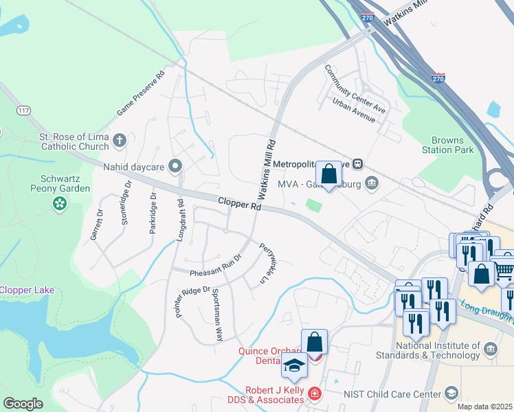 map of restaurants, bars, coffee shops, grocery stores, and more near 1 West Watkins Mill Road in Gaithersburg