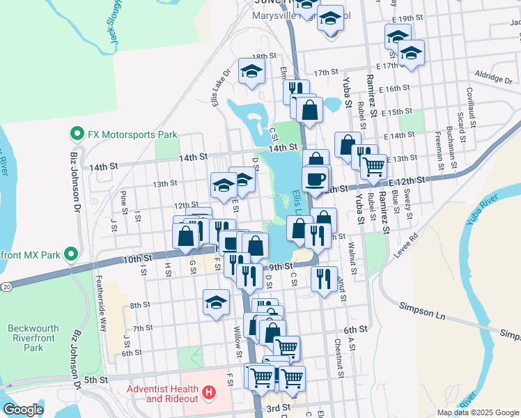 map of restaurants, bars, coffee shops, grocery stores, and more near 402 11th Street in Marysville