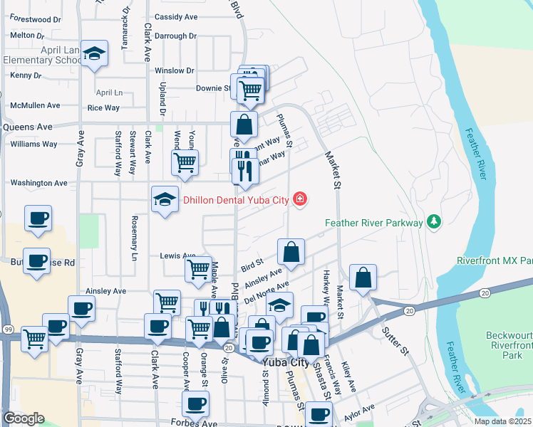 map of restaurants, bars, coffee shops, grocery stores, and more near 1230 Plumas Street in Yuba City